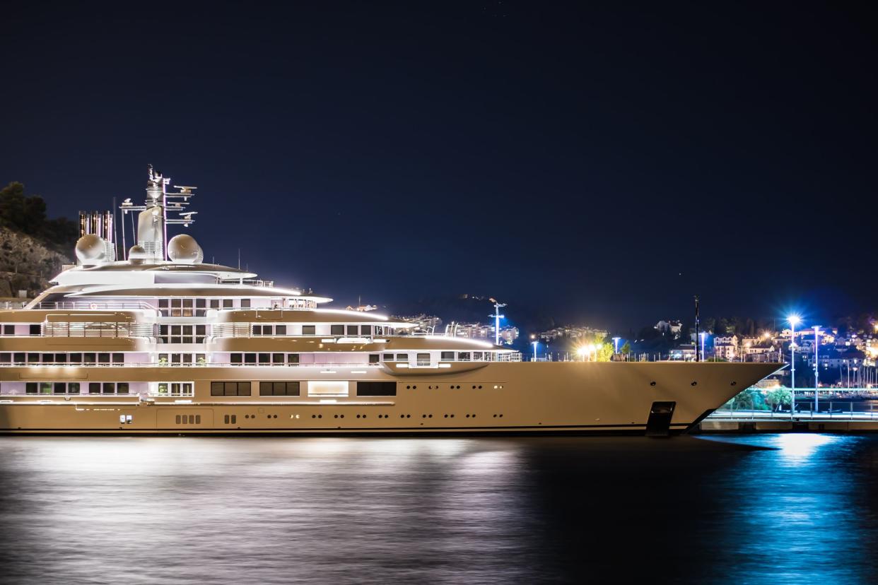 Night shot of the 140m Scheherazade super yacht built in 2020 by Lurssen, luxury boats