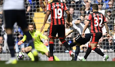 Britain Soccer Football - Tottenham Hotspur v AFC Bournemouth - Premier League - White Hart Lane - 15/4/17 Tottenham's Harry Kane scores their third goal Reuters / Dylan Martinez Livepic