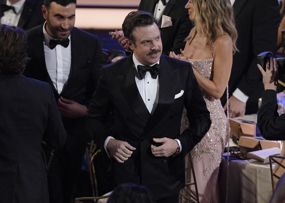 Jason Sudeikis in the audience as "Ted Lasso" wins the Emmy for outstanding comedy series at the 74th Primetime Emmy Awards on Monday, Sept. 12, 2022, at the Microsoft Theater in Los Angeles. (AP Photo/Mark Terrill)