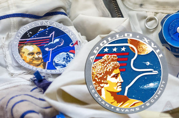 The Soyuz TMA-17M mission patch pays tribute to NASA's Apollo 17 patch from 1972.