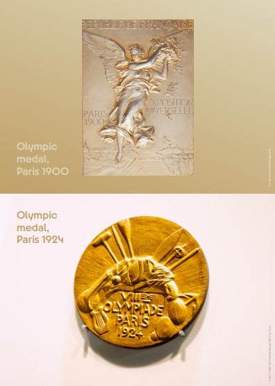 上/1900年巴黎奧運會、下/1924年巴黎奧運會獎牌。圖片來源：巴黎奧運官網 Paris2024.org