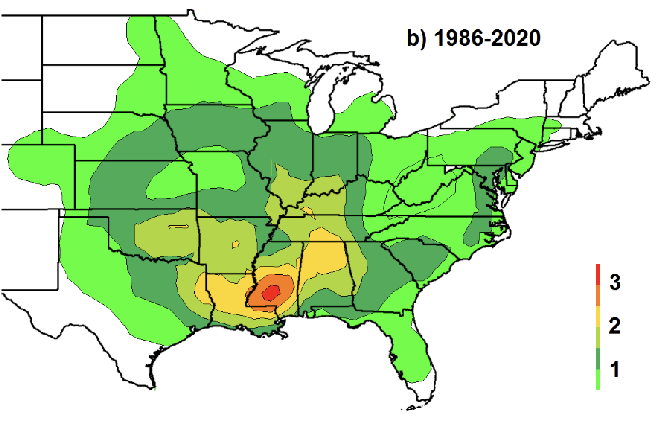 Where tornadoes began to form between 1986 and 2020, showing the shift in