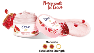 Dove's Ice-Cream Body Scrubs, available in three exfoliating levels, from Sakura Smoothie for dry skin to Pomegranate Ice Cream for moderate exfoliation for all skin types and Sugar Sorbet for deep exfoliating strength that is ideal for dull and rough skins. 