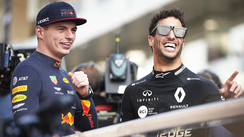 Red Bull Racing driver Max Verstappen and Renault's Daniel Ricciardo attend the drivers parade ahead of the Abu Dhabi F1 Grand Prix race at the Yas Marina Circuit. (Photo by Jure Makovec/SOPA Images/LightRocket via Getty Images)