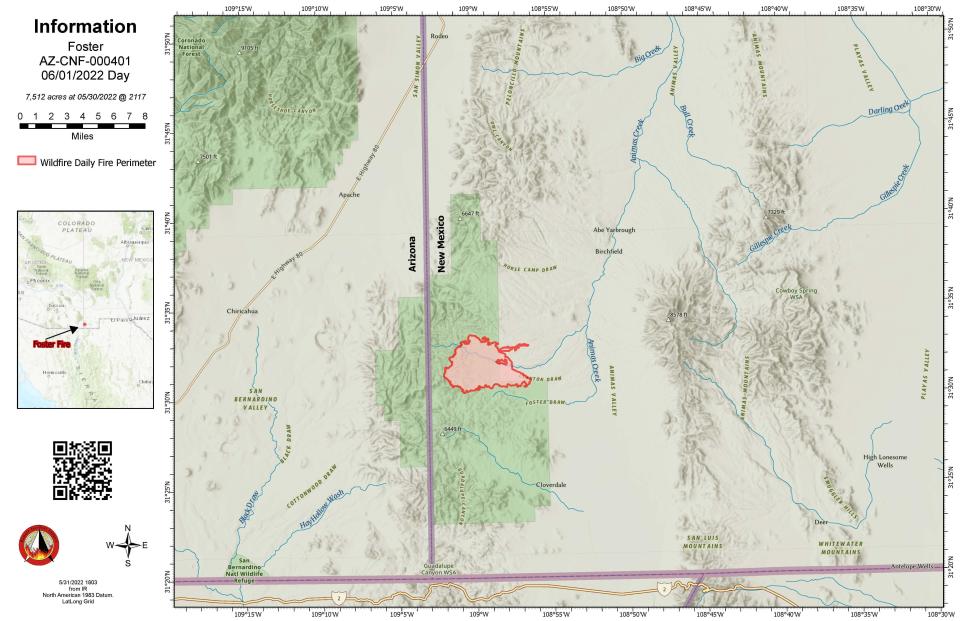 A map of New Mexico's bootheel region shows the perimeter of the Foster Fire June 1, 2022 in Hidalgo County.