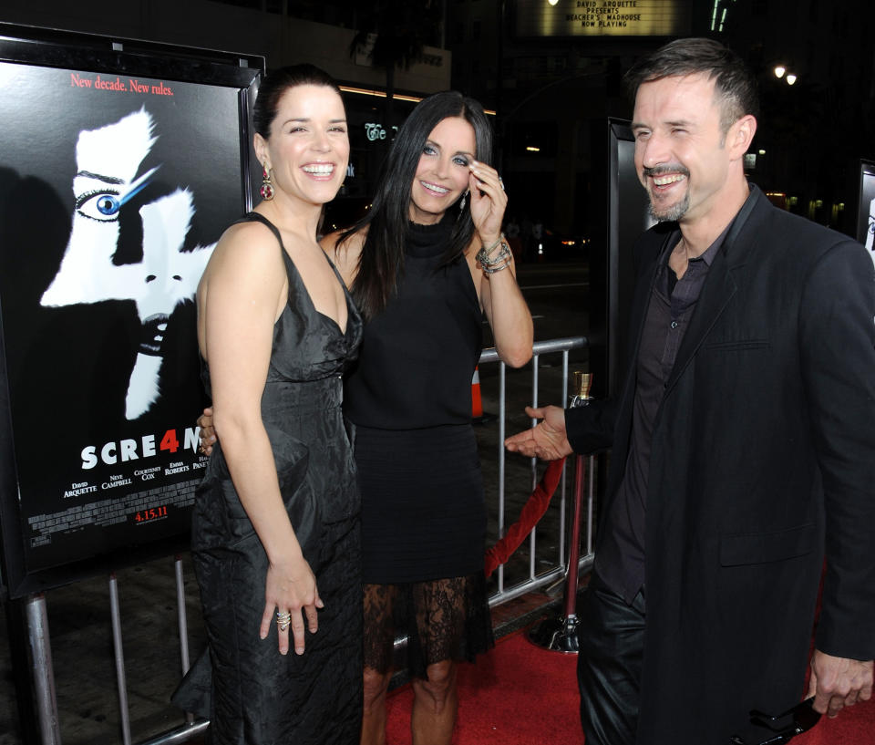 (L-R) Actors Neve Campbell, Courteney Cox and David Arquette attend the World Premiere of The Weinstein Company's 