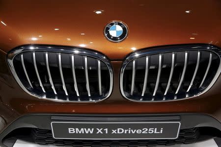 A sign is seen on a long wheelbase BMW X1 xDrive25Li after it was presented during the Auto China 2016 auto show in Beijing April 25, 2016. REUTERS/Damir Sagolj