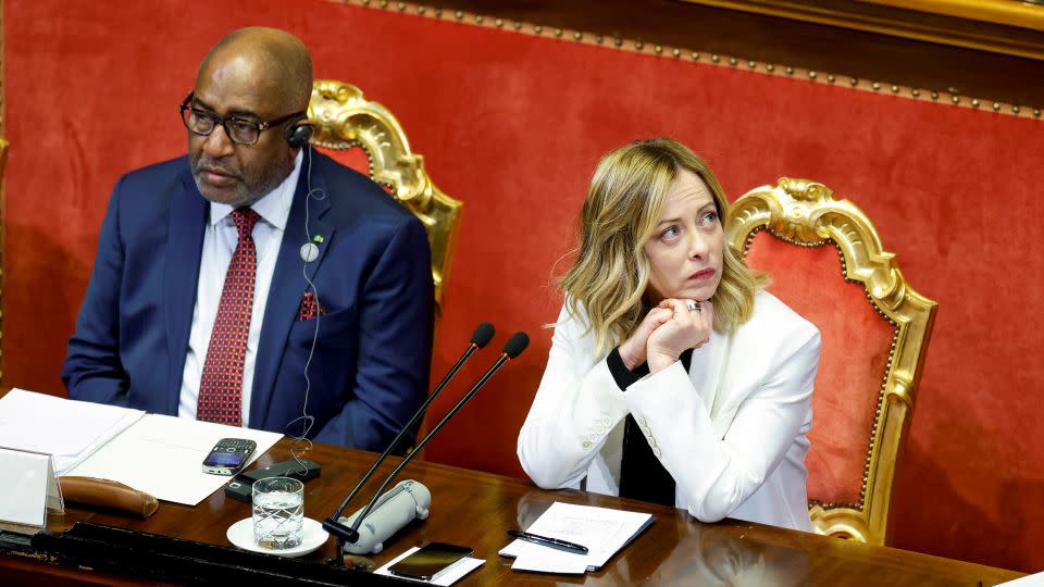 Chairperson of the African Union Azali Assoumani and Italy's Prime Minister Giorgia Meloni sit inside the Madama Palace (Senate) as Italy hosts the Italy-Africa summit. - Remo Casilli/Reuters