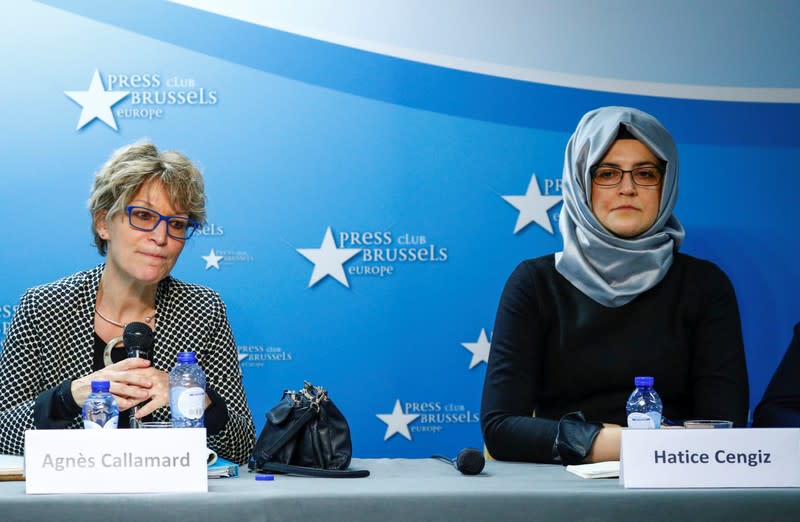 Callamard, U.N. Special Rapporteur on Extrajudicial Executions, and Cengiz, the fiancee of murdered journalist Jamal Khashoggi, hold a news conference in Brussels
