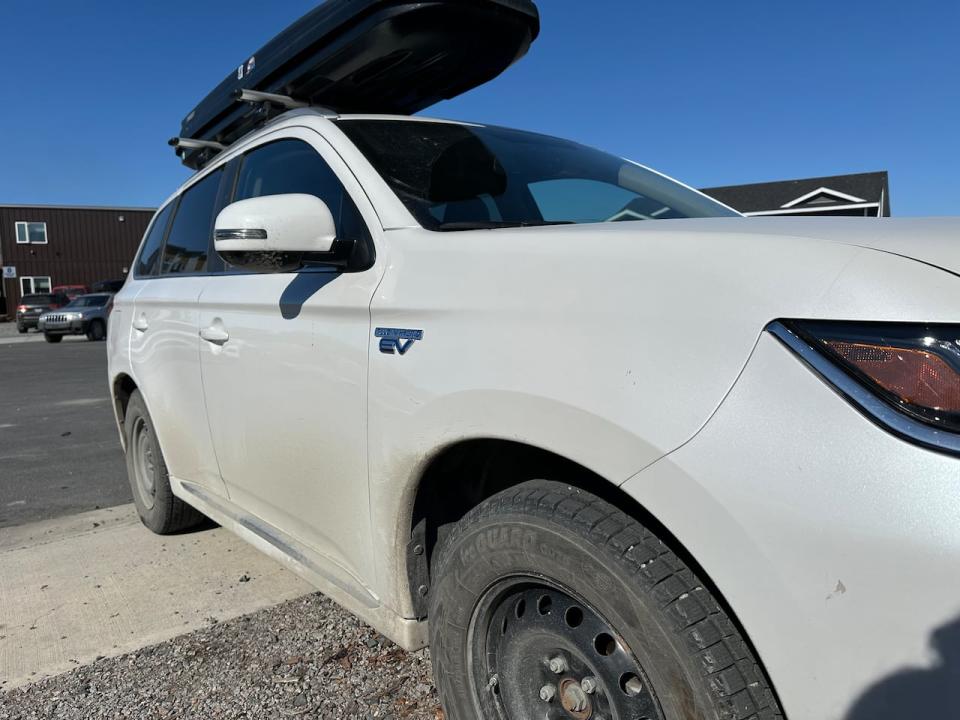 A plug-in hybrid vehicle in Yellowknife on April 26, 2024. In cases where a fully electric vehicle won't effectively do the job of a territorial government fleet vehicle, Robinson said a plug-in hybrid is an alternative. It can use electricity for in-town driving, but can be switched to fuel for longer trips or when charging won't be available. 