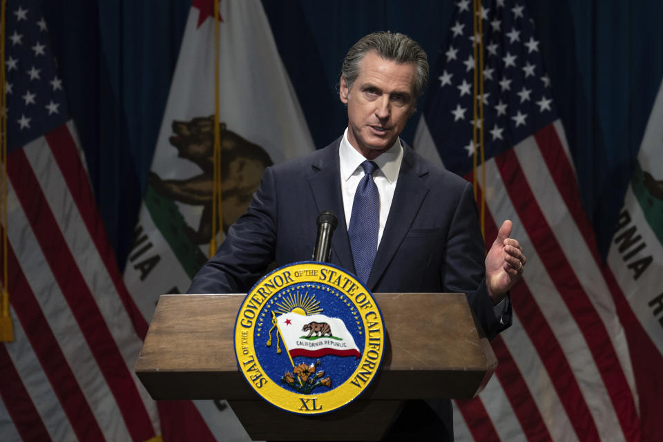 California Gov. Gavin Newsom discusses his proposed state budget for the 2024-2025 fiscal year, during a news conference in Sacramento,Calif., Wednesday, Jan. 10, 2024. (AP Photo/Rich Pedroncelli)