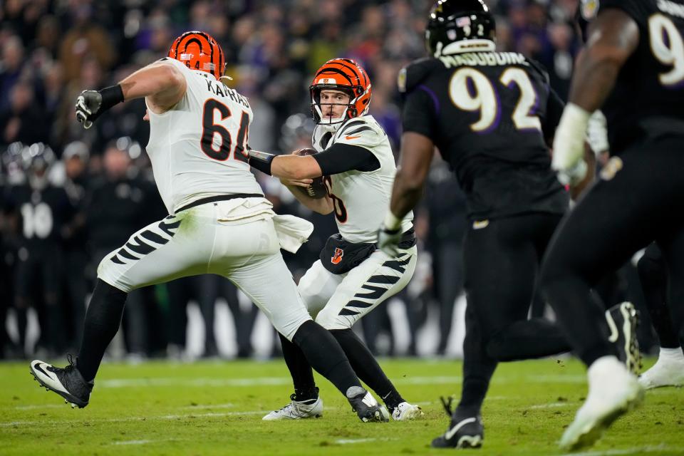 Cincinnati Bengals quarterback Jake Browning is working on handling pressure and picking up blitz looks, which the Ravens took advantage of on Thursday.