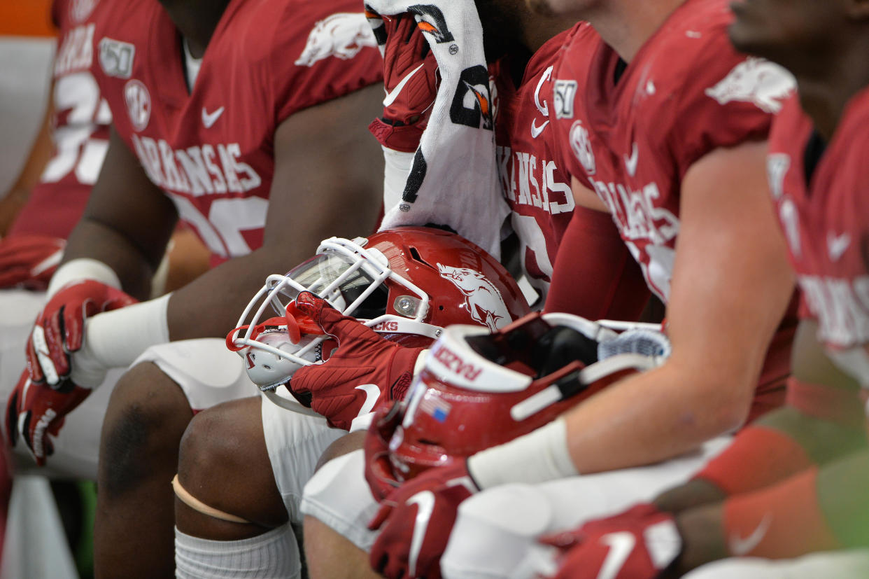 ARLINGTON, TX - SEPTEMBER 28: Arkansas Razorbacks football helmet during the  Southwest Classic game DLLbetween the Texas A&M Aggies and the Arkansas Razorbacks on September 28, 2019, at AT&T Stadium in Arlington, TX. (Photo by Patrick Green/Icon Sportswire via Getty Images)