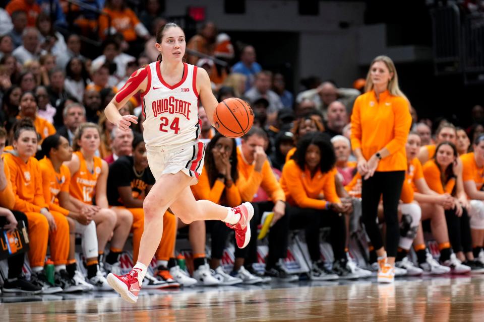 Nov 8, 2022; Columbus, OH, USA;  Ohio State Buckeyes guard Taylor Mikesell (24) drives the ball down the court during the second half of the NCAA Division I women’s basketball game at Value City Arena. Mandatory Credit: Joseph Scheller-The Columbus Dispatch