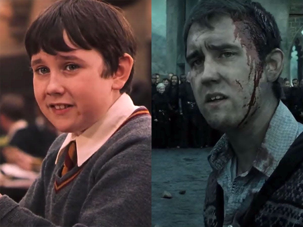 On the left: Matthew Lewis as Neville Longbottom in "Harry Potter and the Sorcerer's Stone." On the right: Lewis as Neville in "Harry Potter and the Deathly Hallows: Part 2."