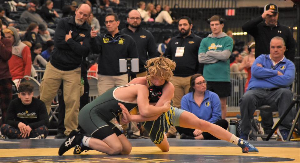 Central Valley Academy's Gene Edwards (top) and Copenhagen's Chase Nevills compete in the 118-pound Division II final at the Section III championship meet at SRC Arena. Both wrestlers are in Albany this weekend for the state tournament. Nevills is the No. 1 seed; Edwards is No. 5.