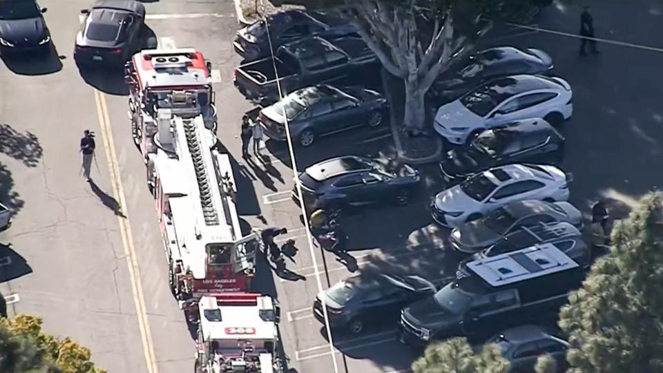 Authorities respond to a shooting in a West Hills shopping center in Los Angeles on April 1, 2023. (NBC Los Angeles)