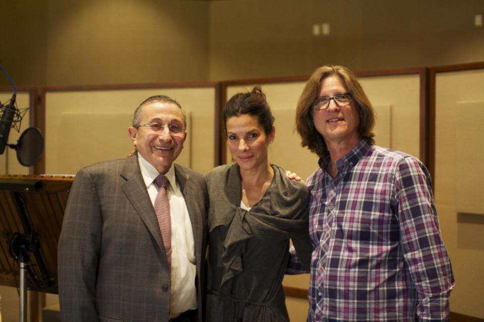 This March 2013 photo released by Moriah Films shows, from left, Rabbi Marvin Hier, actress Sandra Bullock, and Moriah Films director Richard Trank, during a recording session at DreamWorks Animation Studio in Burbank, Calif. The Wiesenthal Center’s Oscar-winning film division, issues its 13th historical movie, "The Prime Ministers," on Nov. 6, 2013. Bullock is the voice of Golda Meir in the documentary. (AP Photo/Moriah Films, Nimrod Erez)