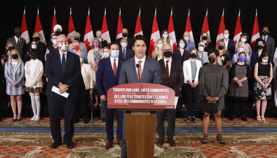 Canada's Prime Minister Justin Trudeau announces new gun control legislation in Ottawa, Ontario, on Monday, May 30, 2022. (Patrick Doyle/The Canadian Press via AP)