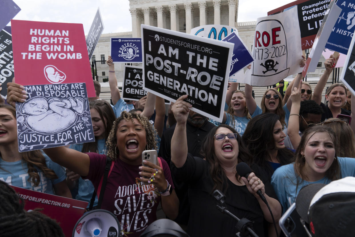 Anti-abortion protesters celebrate after the news that the Supreme Court overturned Roe v. Wade. One person holds a sign reading: Human rights begin in the womb.