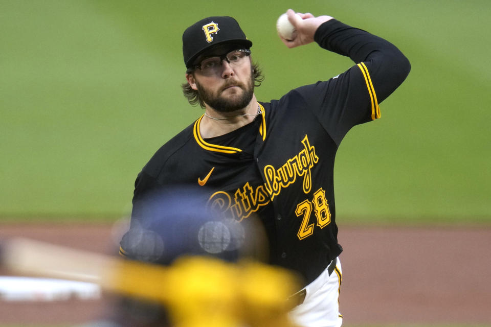 Pittsburgh Pirates starting pitcher Josh Fleming delivers during the first inning of a baseball game against the Milwaukee Brewers in Pittsburgh, Wednesday, April 24, 2024. (AP Photo/Gene J. Puskar)