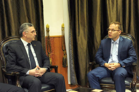 Syria's Minister of National Reconciliation Affairs Ali Haidar meets with Christian Blex, a regional AfD lawmaker, in Syria March 6, 2018. SANA/Handout via REUTERS