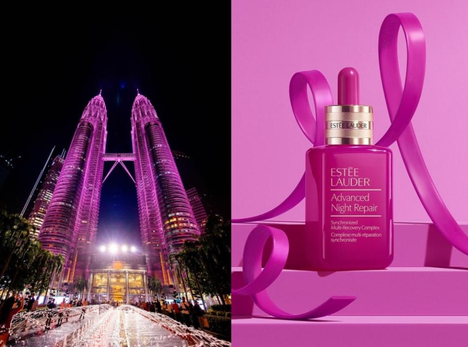 The Petronas Twin Towers beautifully lit up in pink and (right) Estee Lauder’s limited-edition Pink Ribbon advanced night repair serum — Pictures courtesy of Estee Lauder Malaysia