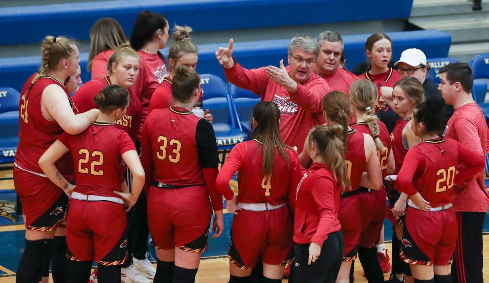 Bullitt East head coach Chris Stallings instructs his team against Sacred Heart during the Girls LIT Championship at the Valley High School gym in Louisville, Ky. on Jan. 30, 2022.  
