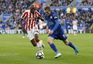 <p>Leicester City’s Jamie Vardy in action with Stoke City’s Bruno Martins Indi </p>