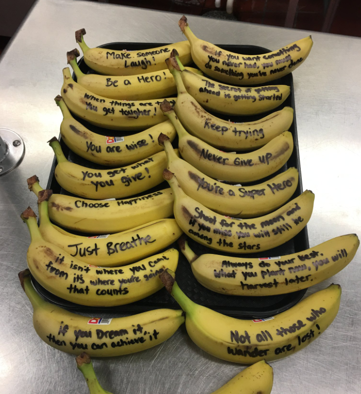 A cafeteria manager at a Virginia elementary school wrote messages of hope on bananas. “She just wanted it to brighten their day,” the principal said. (Photo: @DrShewbridge via Twitter)