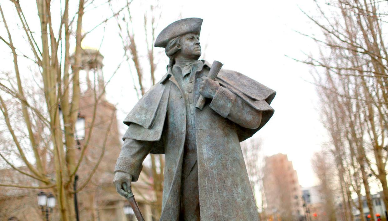 A statue of John Adams, second President of the United States, at the Hancock Adams Common in Quincy.