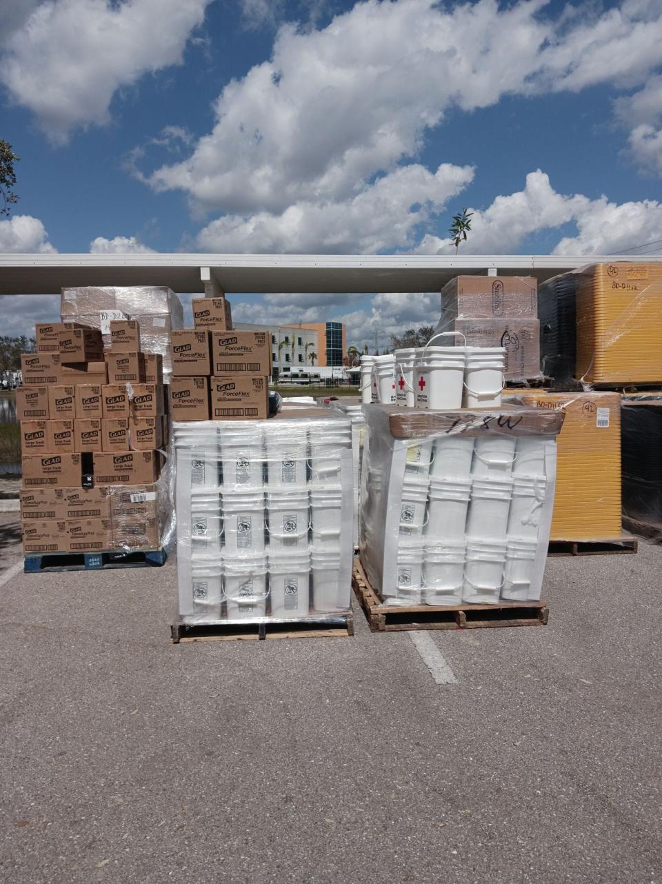 At a FEMA camp in Fort Myers, Fla., supplies sit on palettes waiting to be loaded into moving trucks and delivered to communities where they are badly needed. New Bedford resident Anthony Lessa Jr., a longtime volunteer with the Red Cross, was called down to Florida in the wake of Hurricane Ian, which hit Florida on Sept. 28. Lessa arrived on Oct. 1.