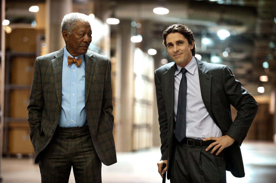 Morgan Freeman and Christian Bale in Warner Bros. Pictures' "The Dark Knight Rises" - 2012