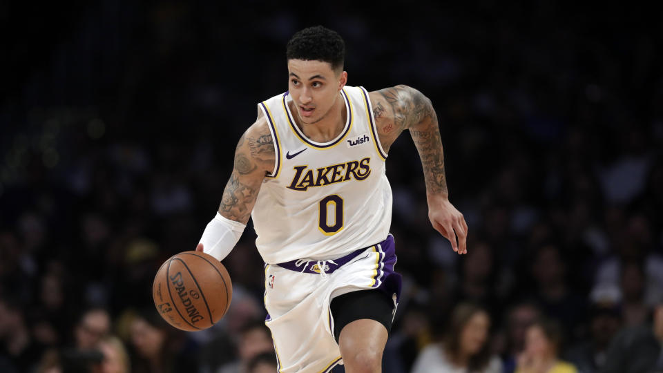 Los Angeles Lakers' Kyle Kuzma during an NBA basketball game Sunday, March 24, 2019, in Los Angeles. (AP Photo/Marcio Jose Sanchez)