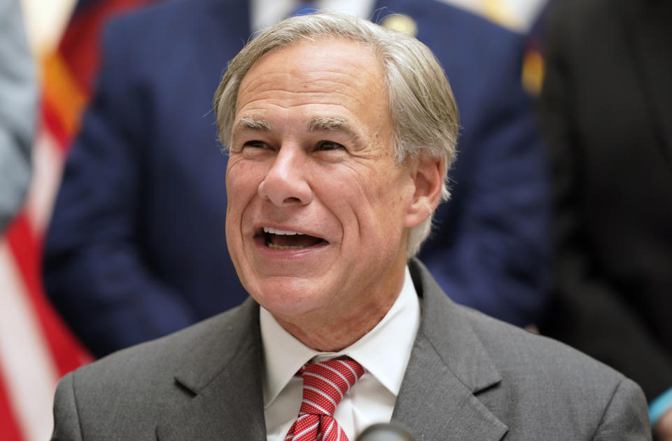 Texas Gov Greg Abbott speaks before signing Senate Bill 1, also known as the election integrity bill, into law in Tyler, Texas, Tuesday, Sept. 7, 2021. (AP Photo/LM Otero)