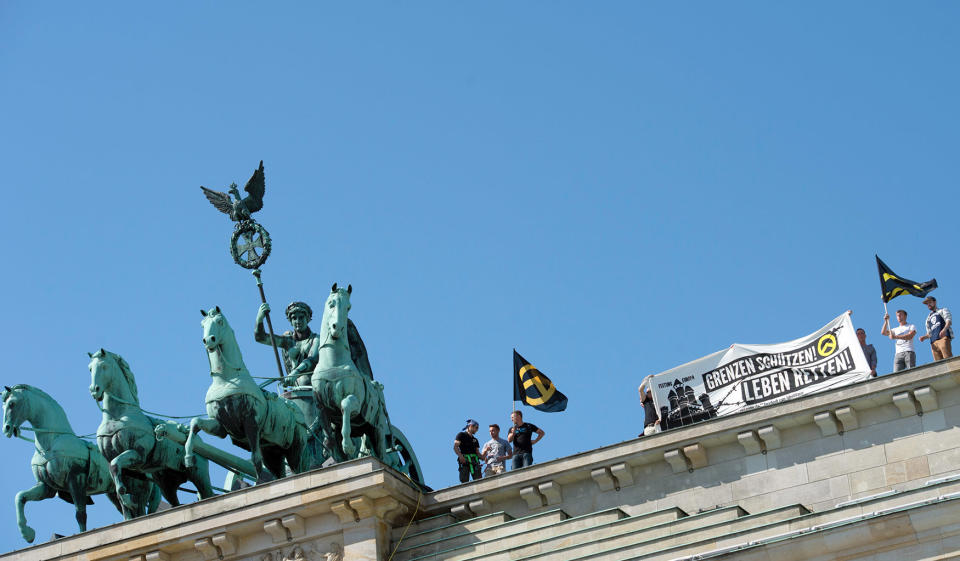 Right wing protest on top of the Brandenburg Gate