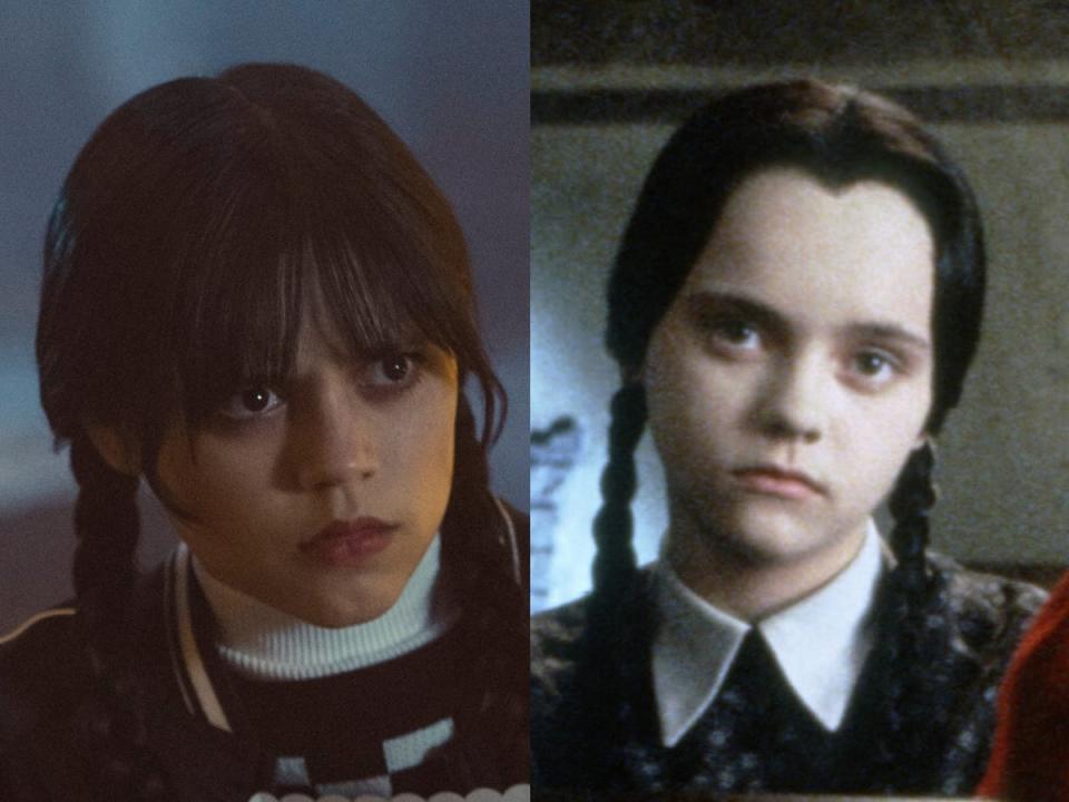 Jenna Ortega y Christina Ricci como Merlina Addams (Netflix/Paramount)