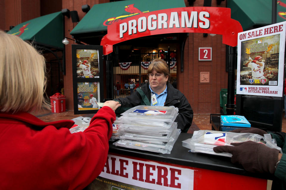 ST LOUIS, MO - OCTOBER 19: Game programs are sold before Game One of the MLB World Series between the Texas Rangers and the St. Louis Cardinals at Busch Stadium on October 19, 2011 in St Louis, Missouri. (Photo by Doug Pensinger/Getty Images)