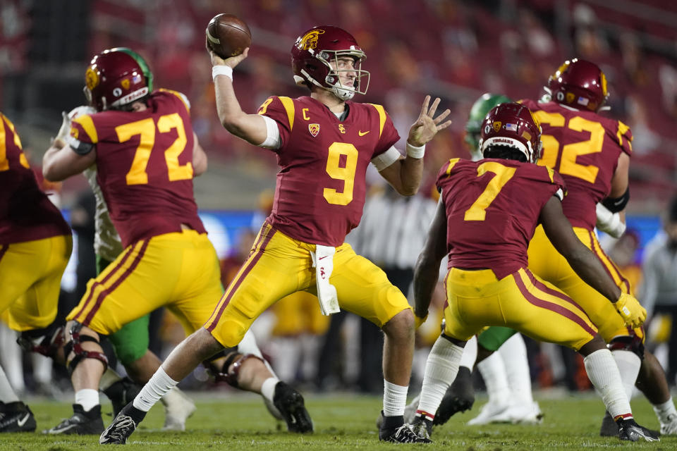 Southern California quarterback Kedon Slovis (9) throws a pass during the second quarter of an NCAA college football game for the Pac-12 Conference championship Friday, Dec 18, 2020, in Los Angeles. (AP Photo/Ashley Landis)