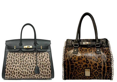 Hermes vs. Kardashian Kollection On the left: Hermes Birkin bag, estimated at $30,000 or more. On the right: Kardashian Kollection Leopard Tote, $99.95. The Kardashians have taken some liberties, but that top gold clasp is patented by Hermes and they've come after copycats before. Photo by: Hermes and bagsac.com.au