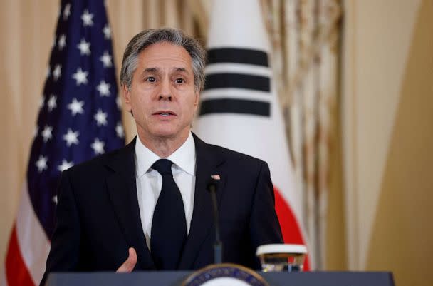 PHOTO: Secretary of State Antony Blinken and South Korean Foreign Minister Park Jin (not pictured) attend the signing ceremony of a memorandum of understanding and joint news conference at the State Department in Washington, D.C., Feb. 3, 2023. (Jonathan Ernst/Reuters)