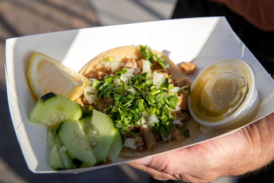 Tacos were among the items available from one of the food trucks on Palm Drive and Pierson Boulevard for Friday Nights on Pierson in downtown Desert Hot Springs, Calif., on Fri., May 12, 2023.