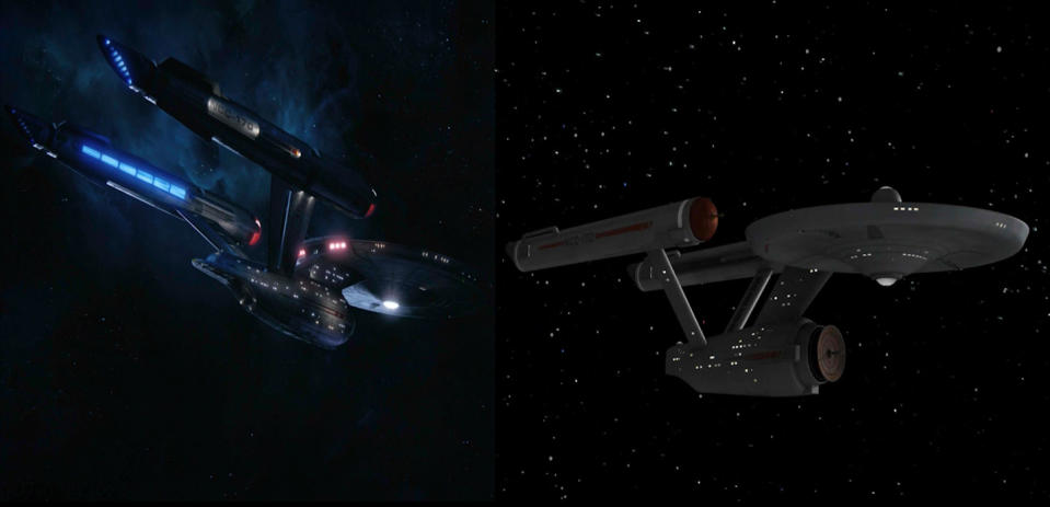 Side-by-side glimpses of the <em>Discovery</em> and the original<em> Enterprise.</em>