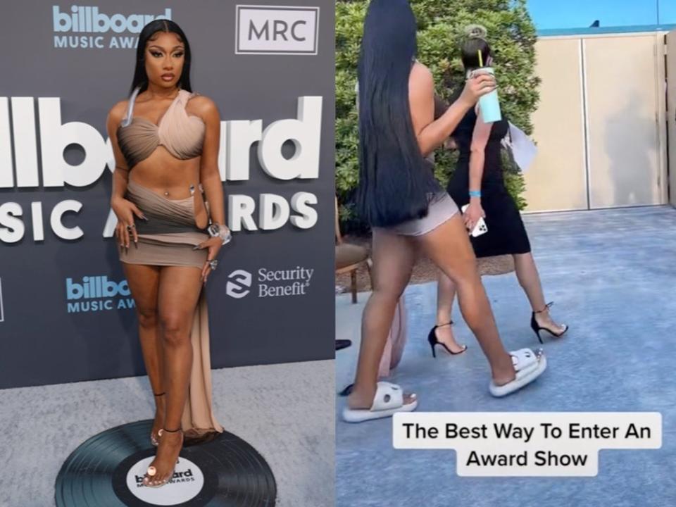 Megan Thee Stallion changes from heels into slides after Billboard Music Awards red carpet (Getty / TikTok / @girlbosstown)