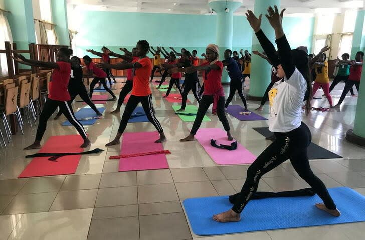 Congolese dance teacher Amina Lusambo conducts a dance session for rape survivors at a rehabilitation centre attached to the Panzi Hospital in Bukavu