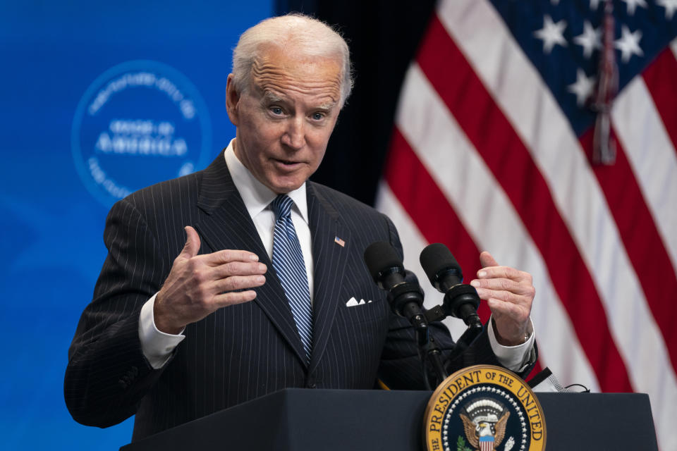 FILE - In this Jan. 25, 2021, file photo, President Joe Biden answers questions from reporters in the South Court Auditorium on the White House complex, in Washington. Biden is unlikely to confront China on trade right away because he wants to focus on the coronavirus and the economy, but he does look set to renew pressure over trade and technology grievances that prompted President Donald Trump to hike tariffs on Chinese imports in 2017. (AP Photo/Evan Vucci, File)