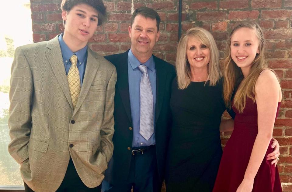 Jamie Seitz (second from left) was a teacher and coach at Lincoln Charter School in Denver, N.C. He died from COVID-19 on Dec. 27, 2020 at age 51. From left is Seitz’s family: Son Carter, Jamie, wife Liz and daughter Peyton.