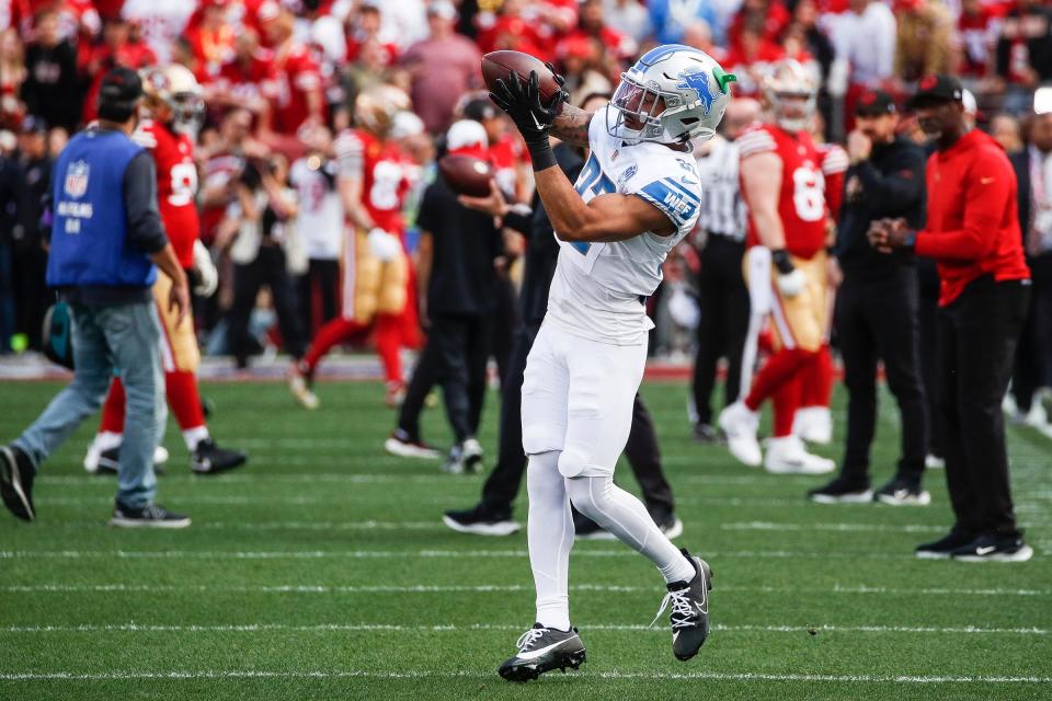 Lions safety Brian Branch makes a catch during warmups before the NFC championship game at Levi's Stadium in Santa Clara, California, on Sunday, Jan. 28, 2024.