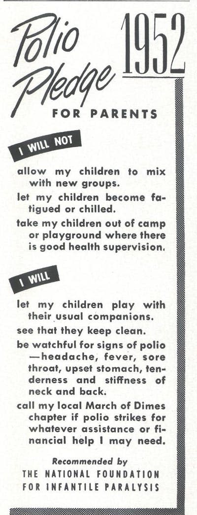 An ad placed in Vogue in 1952 laid out the ‘Polio Pledge.’ National Foundation for Infantile Paralysis