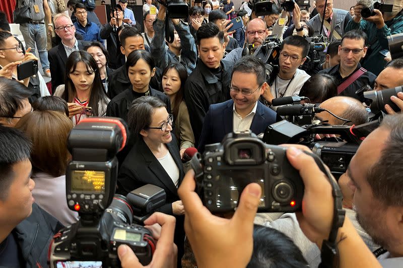 Hsiao Bi-khim, speaks to the media during a press conference in Taipei